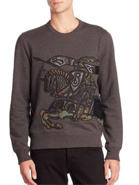 Burberry Gray Camo Leather Equestrian Knight Crewneck Mns Sz M Charcoal Sweater